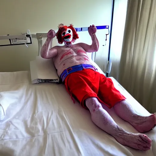 Image similar to crazy elderly clown supine in hospital bed, strapped into bed with restraints, photograph