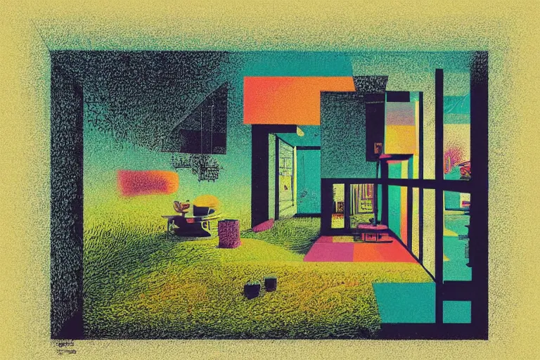 Image similar to surreal glimpse into other universe, house by mies van de rohe, summer morning, very coherent and colorful high contrast, art by!!!! gediminas pranckevicius!!!!, geof darrow, floralpunk screen printing woodblock, dark shadows, hard lighting, stipple brush technique,