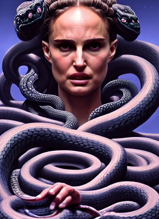 Image similar to Medusa, Natalie Portman, lots of snakes, portrait, very detailed, dramatic lighting, electrical details, high details, 4k, 8k, trending on artstation, by Greg Rutkowski, Wayne Barlowe, Hajime Sorayama and Boris Vallejo