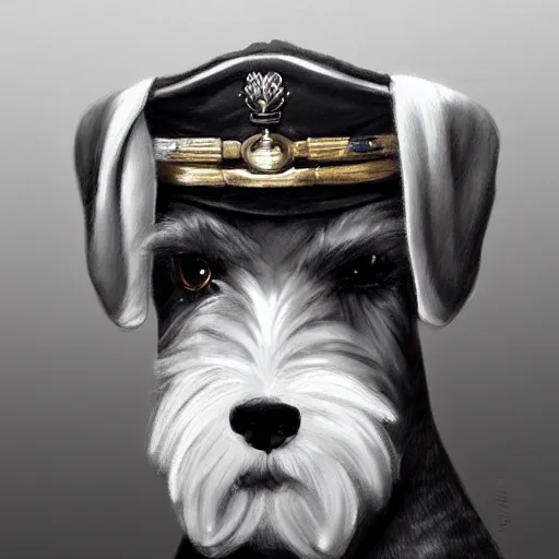 Prompt: portrait of stoic looking miniature schnauzer, military uniform, black fir, white eyebrows, fantasy, intricate, elegant, highly detailed, centered, dark, smokey, charcoal painting, digital painting, artstation, concept art, smooth, sharp focus, illustration, art by artgerm