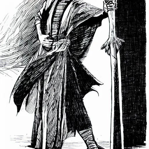 Image similar to mage holding a bentwood staff strikes a dramatic pose. pen and ink by larry elmore, 1 9 8 2