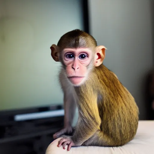 Prompt: monkey tilting his head watching tv