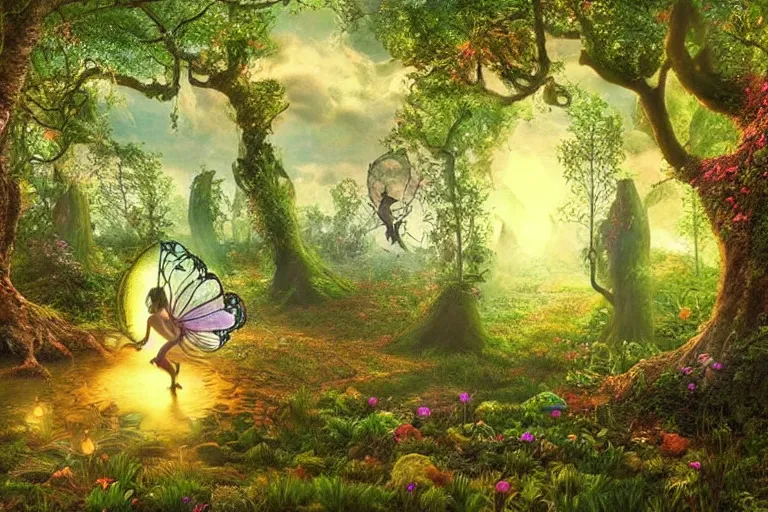 Prompt: An enchanted forest, it is nighttime, there are flying fairies, fantasy-style, photorealism, highly detailed.
