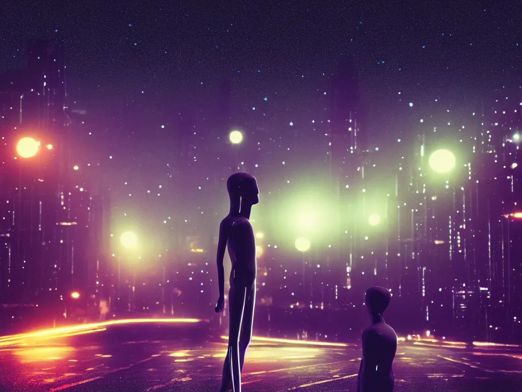 Image similar to mannequin made of starlight, staring into the infinite void of stars + infinite galaxy, traffic lights, flaming city in background, award winning, rule of thirds, introspective, moody, clean linework, photorealistic, volumetric lighting, octane render,