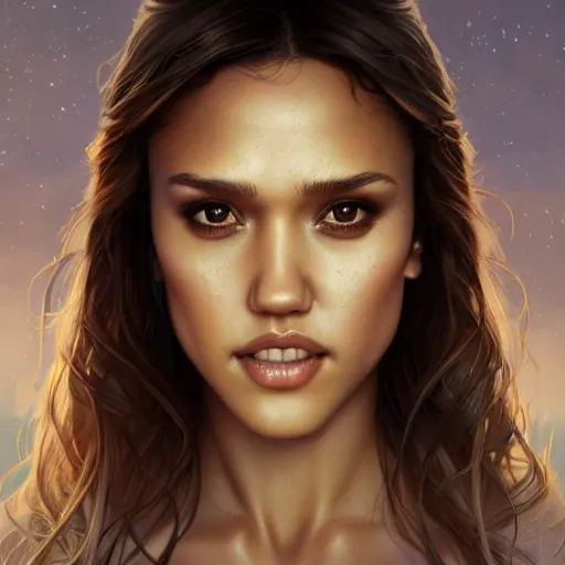 Prompt: beautiful young jessica alba, closeup, d & d, fantasy, intricate, elegant, highly detailed, digital painting, artstation, concept art, matte, sharp focus, illustration, art by artgerm and greg rutkowski and alphonse mucha