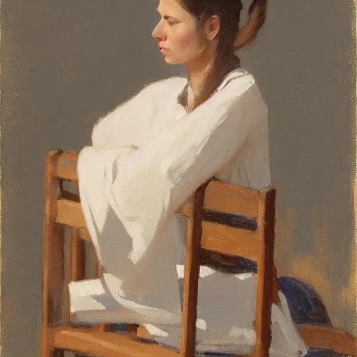 Image similar to woman with ponytail hairstyle, sitting in wooden chair, in the style of jeremy lipking