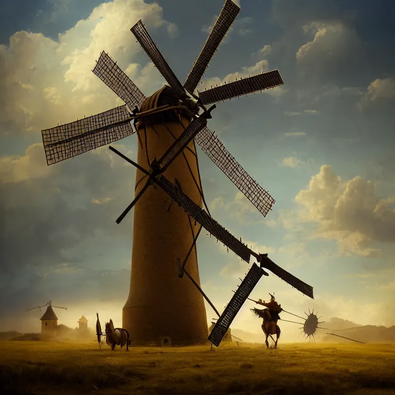 Prompt: Don Quixote fighting windmills, dreamlike atmosphere, symmetrical baroque painting, perfect composition, amazingly detailed octane rendering, beautiful, detailed, intricate, trending on Artstation, 8K fine art photography, photorealistic, natural volumetric cinematic perfect light soft, chiaroscuro, award-winning photography, masterpiece, Raphael, Caravaggio, Greg Rutkowski, Beeple