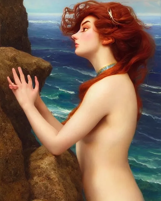 Image similar to a mermaid siting on a rock, climbing her hair with her fingers, oil on canvas, artstation, by j. c. leyendecker and edmund blair leighton and charlie bowater, beautiful face, octane, very aesthetic!!!!!!!!!!!!!!!