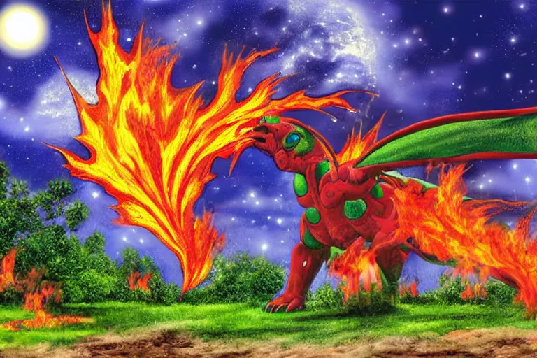 Prompt: digital art view of the groudon the serpent standing in front of burning house looking at camera celebi asteroid _ ill