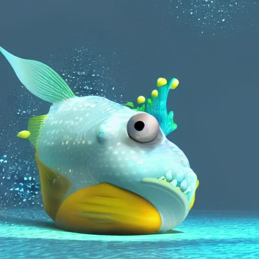 Image similar to a 3d render of a fish underwater that is looking a boat , in the style of a pixar cartoon, disney cartoon