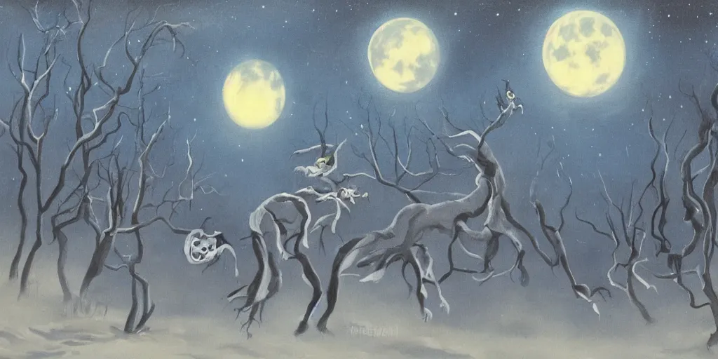 Image similar to painting of ghostly creatures prowling through the full moon night