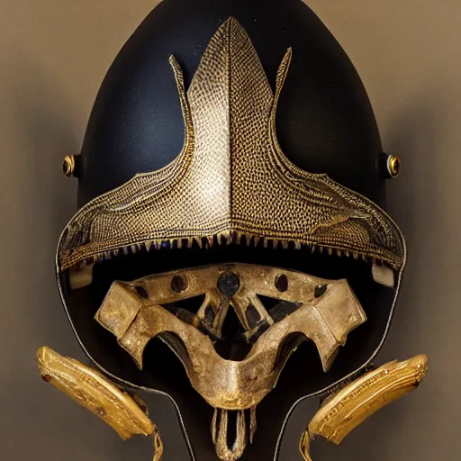 Prompt: symmetrical product photograph of a highly detailed ominous helmet made from animal skulls and gold inlay, damaged