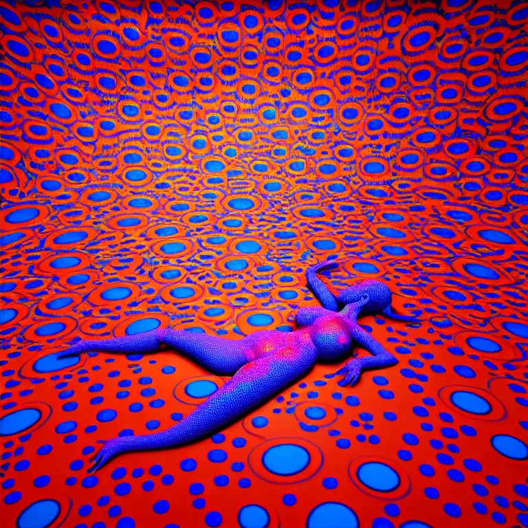 Image similar to realistic detailed image of a japanese model laying in a padded room, 8 k conjuring psychedelic background, part by yayoi kusama, part by alex gray, part by ross tran, part by james jean, ultra realistic, highly detailed, life like face, detailed body, 8 k, octane render, trending on artstation, very cohesive, masterpiece