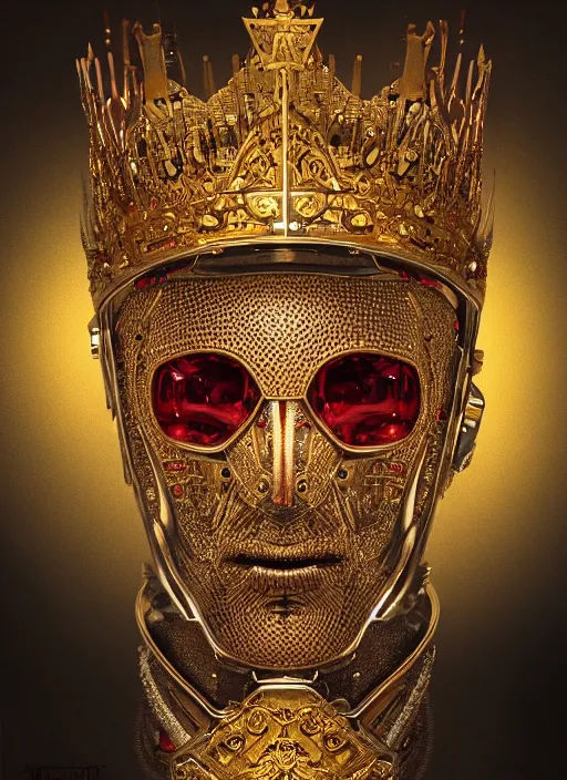 Image similar to portrait of king arthur knight cyborg with a golden crown with red gemstones, studio portrait against a black background, modern fine art, fractal, intricate, elegant, highly detailed, digital photography, subsurface scattering, in the style of ghost, by jheronimus bosch and yue minjun and giger and greg rutkowski,