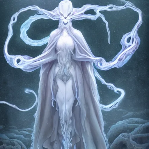 Image similar to concept designs of an ethereal ghostly wraith like figure with a squid like parasite latched onto its transparent skull and long tentacle arms that flow lazily but gracefully at its sides like a cloak while it floats around a frozen rocky tundra in the snow searching for lost souls and that hides amongst the frosted trees, this character has hydrokinesis and electrokinesis in the style of arcane the series on netflix