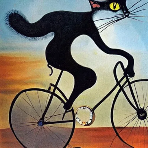 Prompt: a cat riding a bicycle, painting by salvador dali