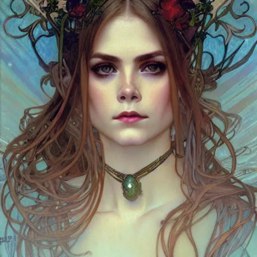 Prompt: realistic detailed portrait of cara delvigne by Alphonse Mucha, Amano, Charlie Bowater, Karol Bak, Greg Hildebrandt, Jean Delville, and Mark Brooks, Art Nouveau, Neo-Gothic, gothic, dark ominous lighting