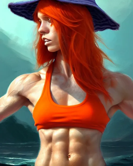 Image similar to muscular female fisherman, perfect face, bucket hat, orange halter top, ginger hair, abs, cinematic, freckles, stunning, athletic, strong, agile, highly detailed, psychedelic, digital painting, artstation, smooth, hard focus, illustration, art by jessica rossier and and brian froud