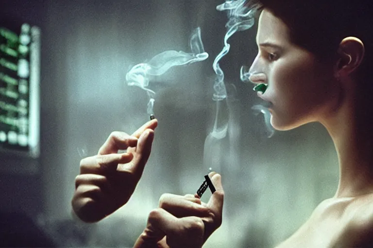 Image similar to an artificial intelligence smoking a cigarette behind a computer screen, beautiful lighting, high depth, ultra realistic, artistic, by annie leibovitz and the matrix