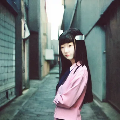 Prompt: a perfect 8K HD professional photo of close-up japanese schoolgirl posing in sci-fi dystopian alleyway, at instagram, Behance, Adobe Lightroom, with instagram filters, depth of field, taken with polaroid kodak portra