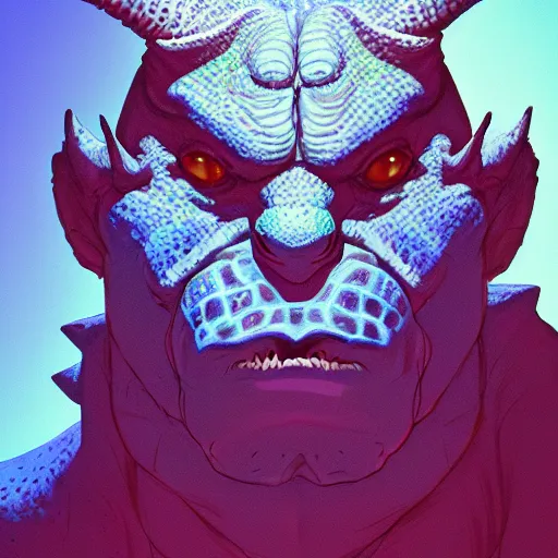 Prompt: Portrait of a blue horned lizardman, concept Blizzard pixar maya engine on stylized background splash comics global illumination lighting artstation lois van baarle, ilya kuvshinov, rossdraws