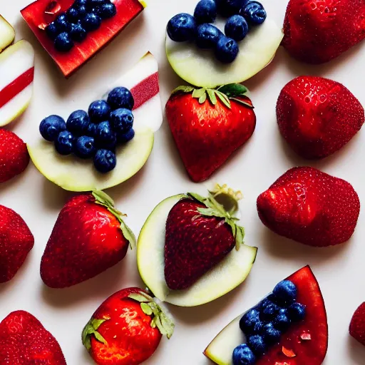 Prompt: an edible american flag made our of fruit, food photography