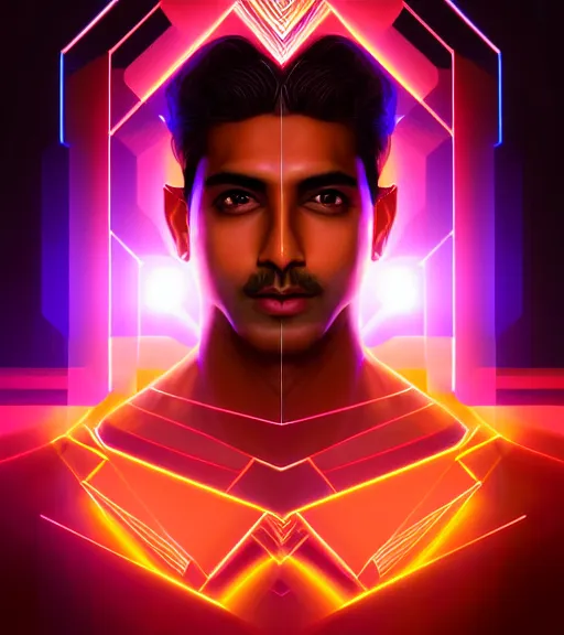 Prompt: symmetry!! indian prince of technology, solid cube of light, hard edges, product render retro - futuristic poster scifi, lasers and neon circuits, brown skin handsome indian prince, intricate, elegant, highly detailed, digital painting, artstation, concept art, smooth, sharp focus, illustration, dreamlike, art by artgerm