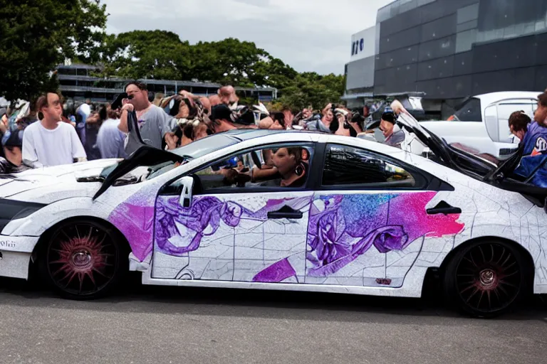 Image similar to mark Zuckerberg and his anime wrapped honda civic at a car show