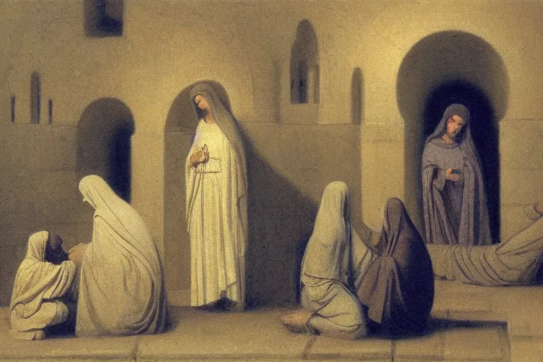 Prompt: inside the tomb of jesus, dark scene, light coming in from the left, small steps leading down, 3 marys crouching in colored robes at the tomb | 2 angels on the right side | medium close | fibonacci composition, by odd nerdrum