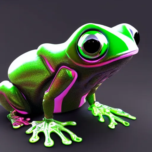 Prompt: a biomechanical cybertronic jello frog, large glowing eyes, futuristic, octane render