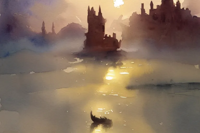 Image similar to small centered on watercolor paper, paint brush strokes, abstract watercolor painting of foggy dawn, ancient arabian rural sand castle, cinematic light, national romanticism by hans dahl, by jesper ejsing, by anders zorn, by greg rutkowski, by greg manchess, by tyler edlin