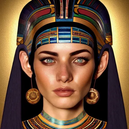 Prompt: high-quality beautifully done centered portrait of a pretty female from an Ancient Egypt::trending on artstation, featured on behance::art by Artgerm and Alessio Albi and Heather Theurer::natural lighting, identical eyes, beautiful eyes medium shot, slender symmetrical face and body, hyper-detailed, single face, insanely detailed and intricate, 4K, 8K
