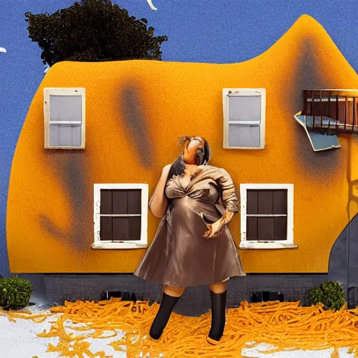 Image similar to house covered in melted cheese getting eaten by lizzo, 8 k, 4 k uhd, realistic, super detailed, very detailed, detailed