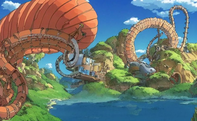 Image similar to a cell shaded movie still from a studio ghibli cartoon showing a highly detailed landscape with a giant mechanical snake from howl's moving castle in an oasis in the desert. misty, depth perception, 4 k