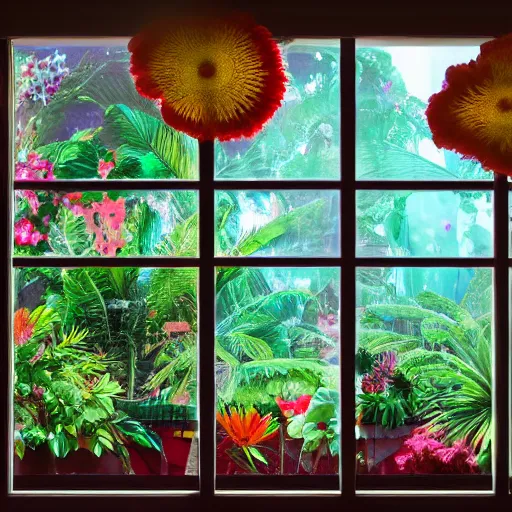 Image similar to a window full of tropical flowers, inside the window you can see the galaxy, trend in artstation, hdr, 8 k