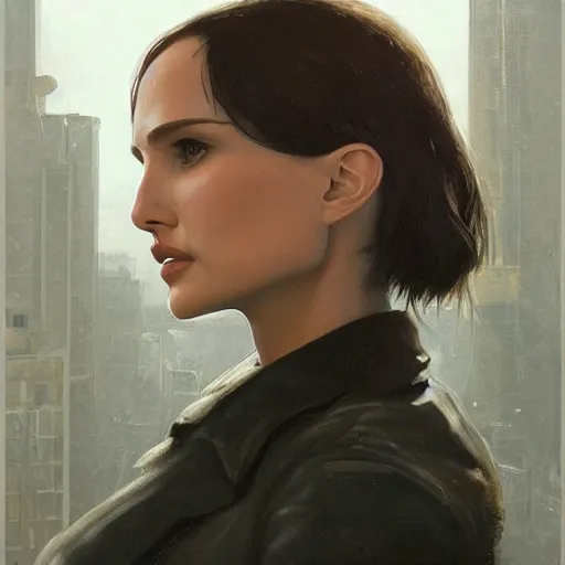 Image similar to closeup portrait of natalie portman from the movie leon the professional, hitman, city background, dramatic light, gorgeous view, depth, high detail, digital art, painted by greg rutkowski and seb mckinnon, by tim burton, trending on artstation