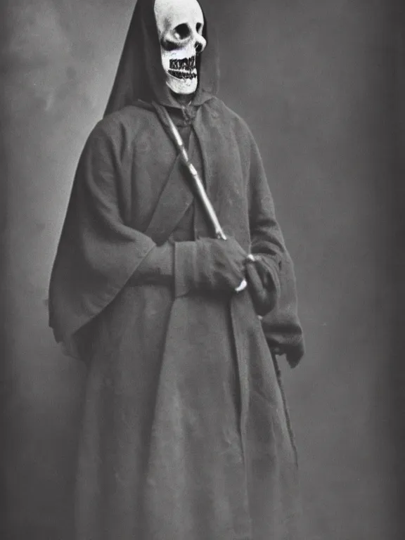 Image similar to portrait of grim reaper with no face, ww1 photo, grainy, high detail, high resolution,