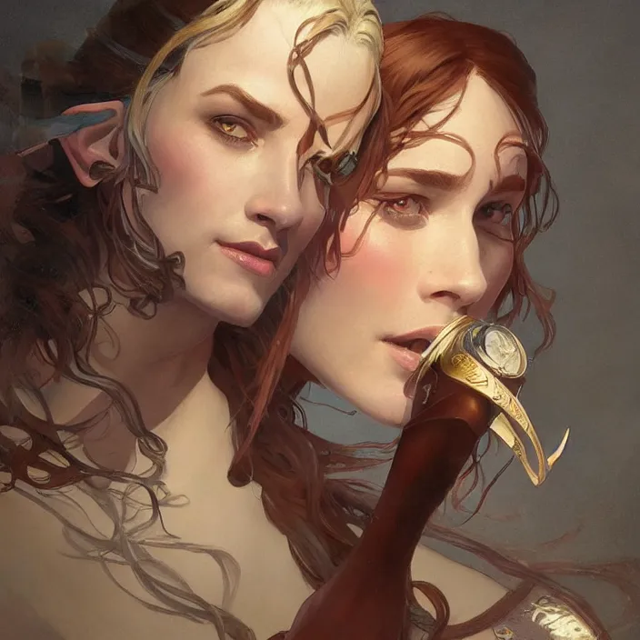 Image similar to excellent painted portrait of a half-elf bard, high quality painting with detailed face, 4k, trending on artstation, octane render, art by artgerm and greg rutkowski and alphonse mucha and craig mullins and James Jean and Andrei Riabovitchev and Marc Simonetti and peter mohrbacher
