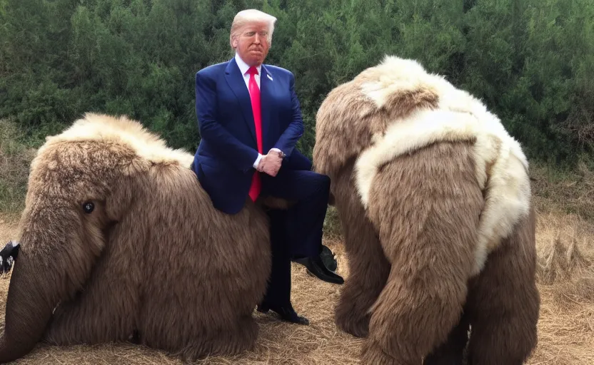 Image similar to Donald Trump in a baby mammoth costume , with an open face