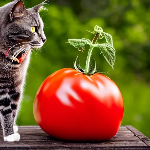 Image similar to photo of giant [ tomato ] next to a cat taken with canon eos - 1 d x mark iii, bokeh, sunlight, studio 4 k