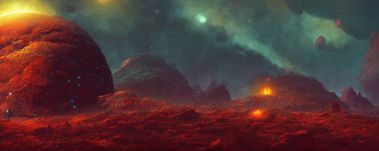 Image similar to ” barren asteroid, [ cinematic, detailed, epic, widescreen, opening, establishing, mattepainting, photorealistic, realistic textures, octane render, art by paul lehr ] ”