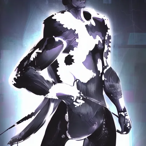 Prompt: Ghost in the shell Pixiv concept art of Paul Phoenix from Tekken, Black paint splatter fighter concept art