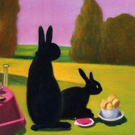 Prompt: black cat having a picnic with a bunny, the bunny has pink fur, highly detailed, painted by Edward Hopper