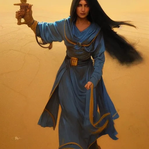 Prompt: a middle - eastern female cleric with straight black hair wearing blue and yellow vestments exploring a village in a desert, fantasy, highly detailed, digital painting, artstation, concept art, character art, art by greg rutkowski and tyler jacobson and alphonse mucha