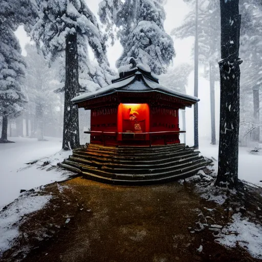 Prompt: a lonely shrine in a snowy forest at night, dim lighting from torches, 8 k award - winning photography