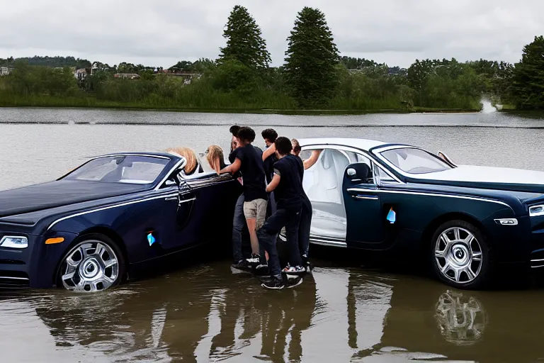 Prompt: Group of teenagers push Rolls-Royce into lake from small slide