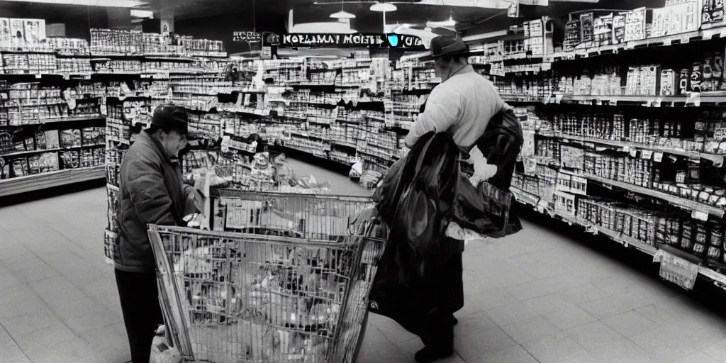 Prompt: Mothman at the grocery store buying milk , frightening, ghastly, photorealistic, old film, 35mm film, found film, scary, ominous, by bruce davidson, on hasselblaad