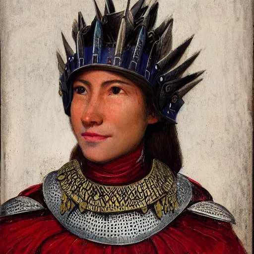 Prompt: head and shoulders portrait of a female knight, quechua!, cuirass, tonalist, symbolist, realistic, baroque, detailed, modeled lighting, f 3 2, 1 8 mm, vignetting, indigo and venetian red, angular, smiling, eagle