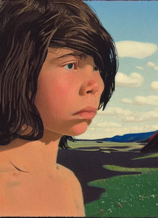 Prompt: composition by justine kurland, an extreme up - close portrait of a girl looking slightly down to the rigjt in a scenic representation of mother nature and the meaning of life by billy childish, thick visible brush strokes, shadowy landscape painting in the background by beal gifford, vintage postcard illustration, minimalist cover art by mitchell hooks