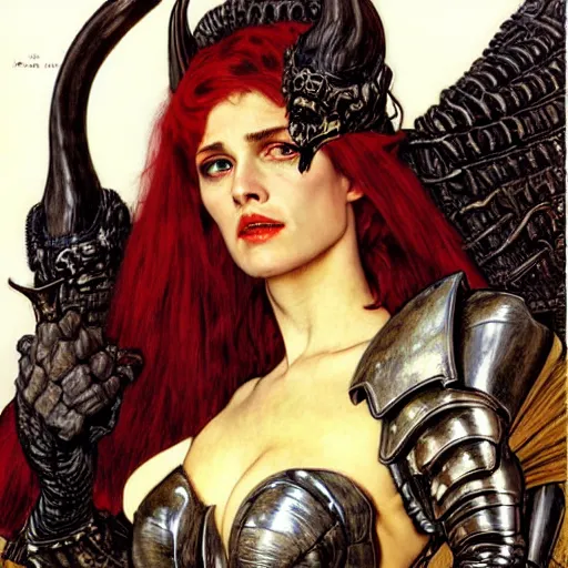 Image similar to head and shoulders portrait of an armored erinyes devil with huge bat wings, portrayed by young robin wright, d & d, fantasy, luis royo, magali villeneuve, donato giancola, wlop, krenz cushart, hans zatka, klimt, alphonse mucha